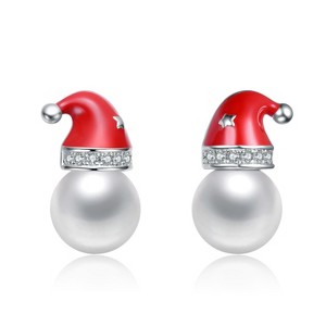 Guili Elegant White Gold-Plated Santa Hat Stud Earrings with White Pearl and Sparkling Clear Cubic Zirconia – A Festive and Stylish Holiday Accessory - 1 of 3