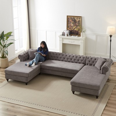 135.5" U-Shaped Sectional Sofas Modern Chenille 3-Piece Sofa ¨C Two Chaise Lounges, Two Pillows, Wooden Legs for Living Room, Bedroom & Lounge