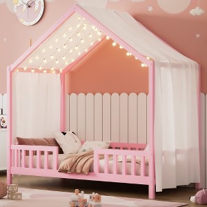 KWPZQEB Canopy Bed for Kids, Montessori Floor Bed Frame with High Guardrails and Roof, Wood Toddler Bed Frame for Girls & Boys - 1 of 4