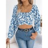 Women's Floral Lantern Long Sleeve Crop Shirt Fall Casual Square Neck Tie Waist Pleated Short Top - 3 of 4
