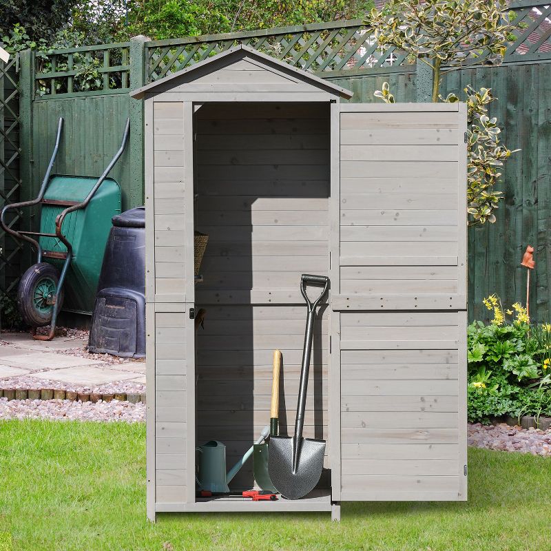 Outsunny 35.5" x 24.75" x 78.75" Wooden Storage Shed Cabinet, Outdoor Tool Shed Organizer with 3 Shelves Handle Magnetic Latch Foot Pad, Light Gray, 2 of 9