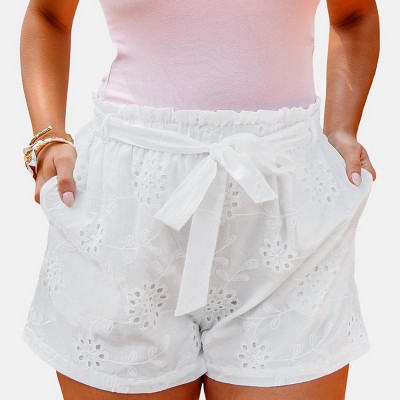 Women's Elegant White Eyelet Shorts with Floral Embroidery - Cupshe