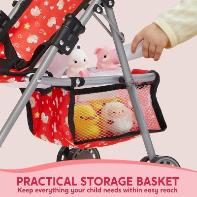 Red Unicorn Foldable Baby Doll Stroller with Basket and Bottles