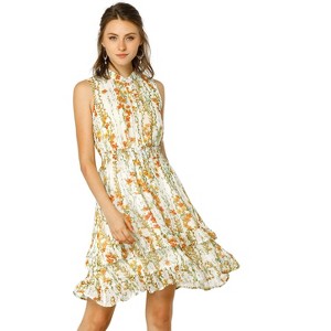 Allegra K Women's Regular Fit Floral A-line Smocked Waist Tiered Ruffled Chiffon Mini Dress - 1 of 4