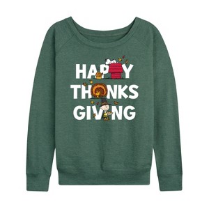 Women's - Peanuts - Happy Thanksgiving Icons Lightweight French Terry Wide Neck Long Sleeve Graphic Shirt - 1 of 4