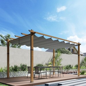 10 ft ×10 ft  Aluminum Wood Outdoor Pergola with Retractable Waterproof, Reinforced Four-Sided Base,Curtain, Adjustable Roof - 1 of 4