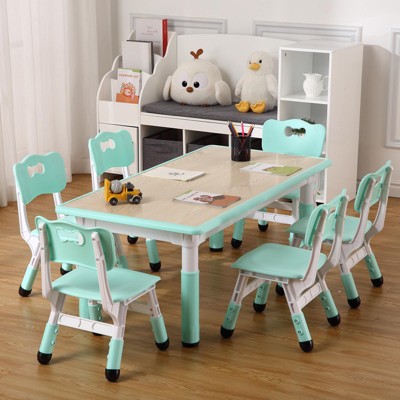 Kids Table and Chairs Set, Height Adjustable Desk with 6 Chiairs, Arts Crafts Table, Children Activity Table for Classrooms, Daycares, Home