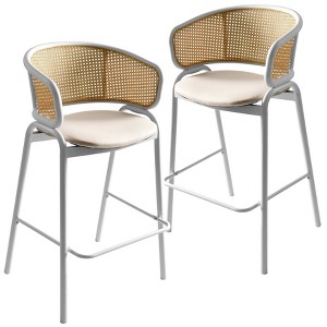 LeisureMod Ervilla Wicker Bar Stool with Fabric Seat and White Steel Frame White Leather leather Set of 2 - 1 of 4