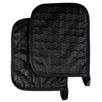 Pot Holder Set With Silicone Grip, Quilted And Heat Resistant (Set of 2) By Hastings Home (Black)