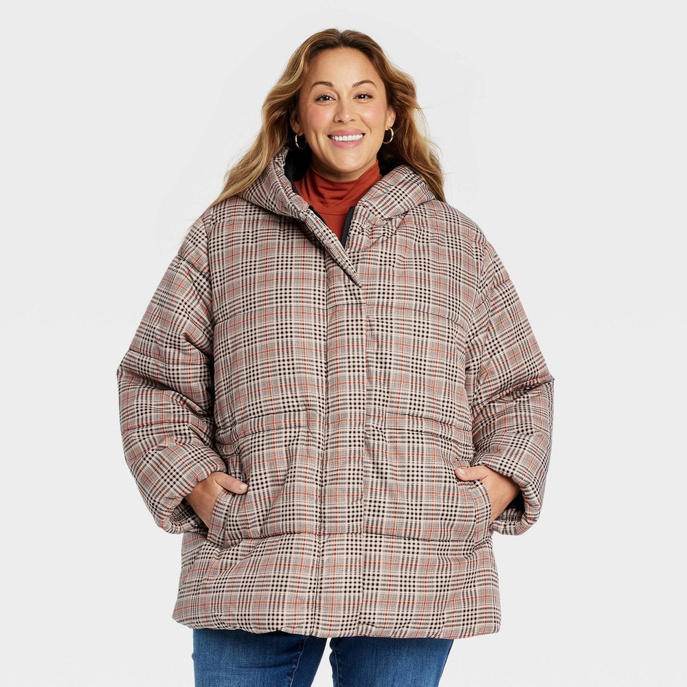 Women's Mid-Length Puffer Jacket - Ava & Viv Tan Plaid 2X