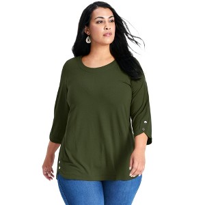 Avenue Women's Plus Size Sabrina Button Detail 3/4 Sleeve Top - 1 of 4