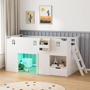 JOYMOR Loft Bed Twin Size with Led Light, Low Loft Bed with Storage Drawer, Modern Farmhouse Design with Castle Guardrail and Window - 1 of 4