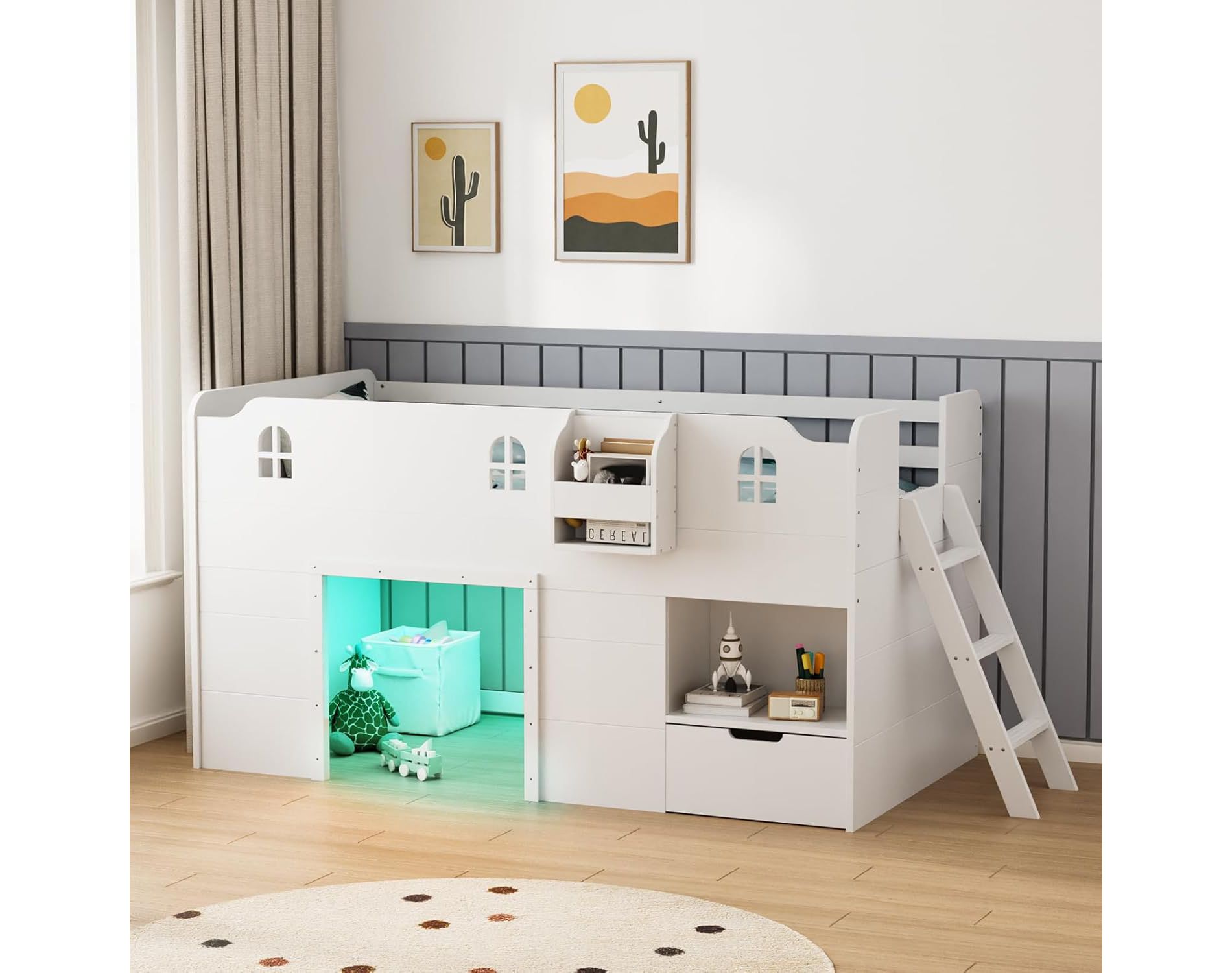 JOYMOR Loft Bed Twin Size with Led Light, Low Loft Bed with Storage Drawer, Modern Farmhouse Design with Castle Guardrail and Window