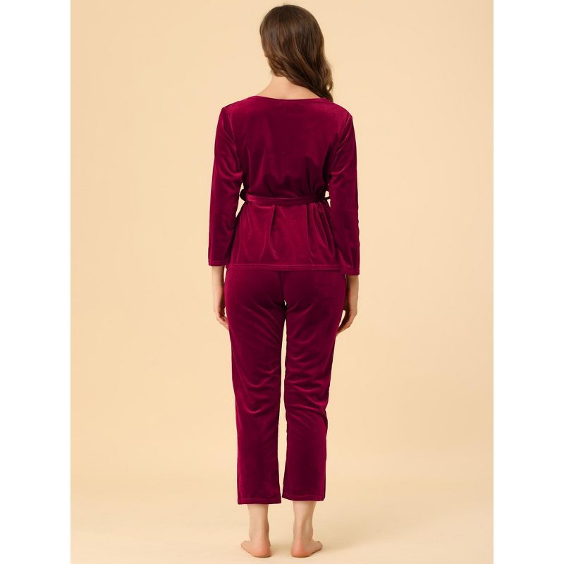 Allegra K Women's Velvet V Neck Lace with Belt Tie Soft Female Night Suit Pajama Sets, 5 of 7