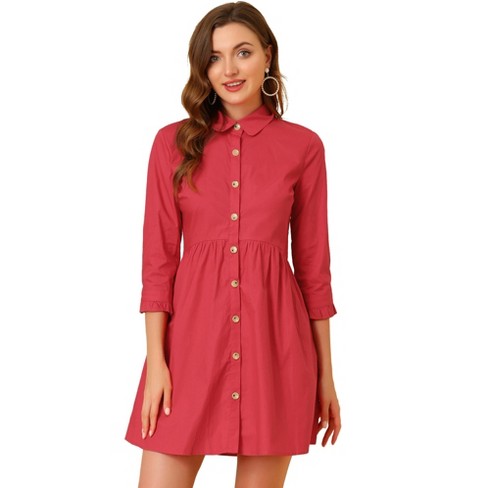 Allegra K Women's 3/4 Sleeve Button Front Flare Mini Shirt Dress Red Large