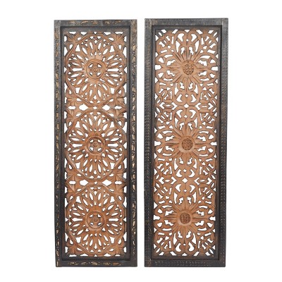 Set of 2 Wood Floral Handmade Intricately Carved Wall Decors Brown - Olivia & May