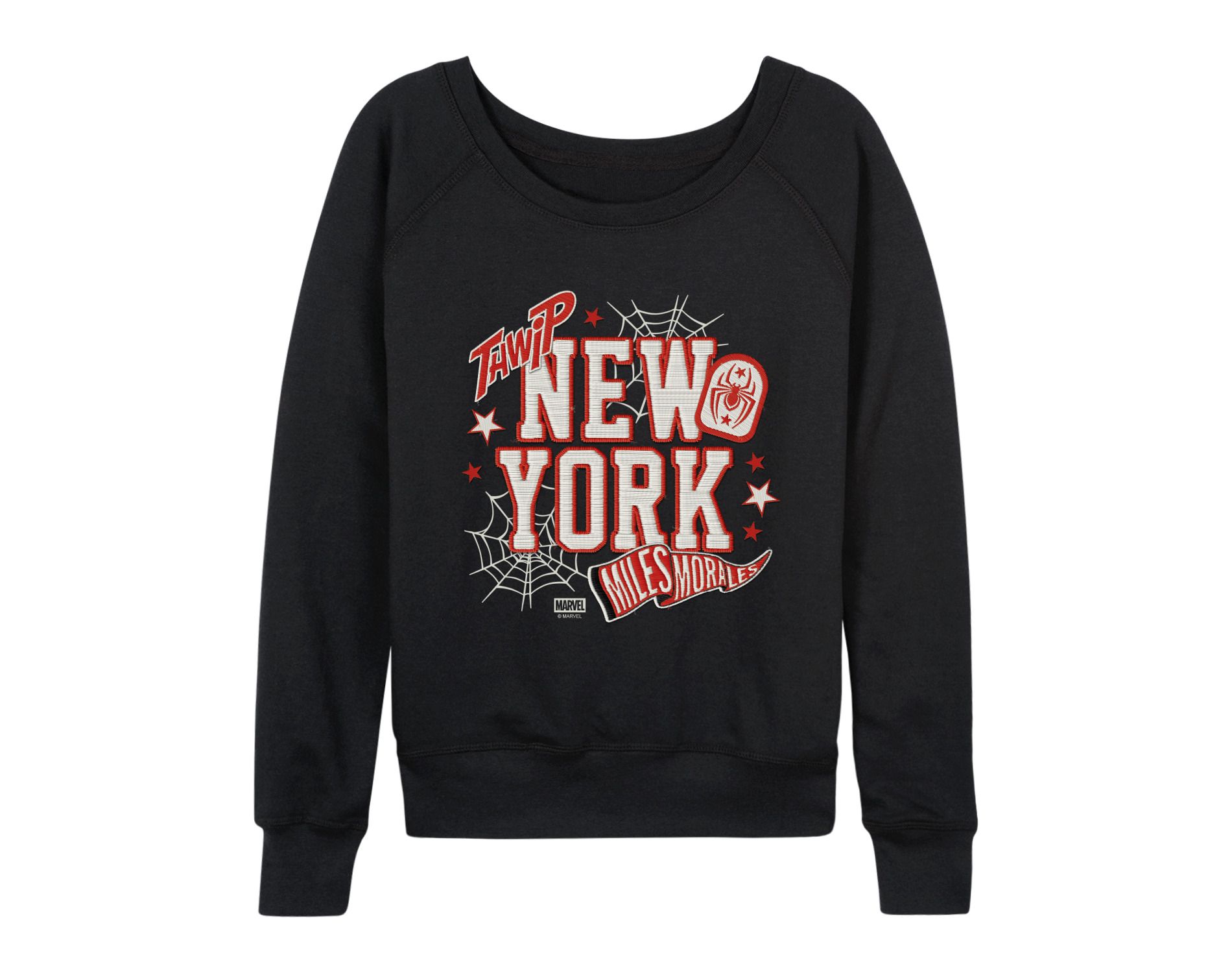 Women's Spider-Man NYC Miles Faux Patches Lightweight French Terry Wide Neck Long Sleeve Graphic Shirt - Black - 1X