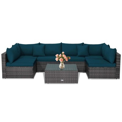 Tangkula Set of 7 Patio Wicker Furniture Set Outdoor Rattan Sectional Sofa with Seat & Back Cushions 2 Throw Pillows Blue