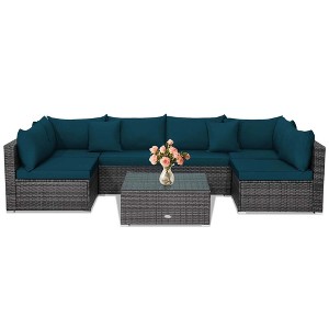Tangkula Set of 7 Patio Wicker Furniture Set Outdoor Rattan Sectional Sofa with Seat & Back Cushions 2 Throw Pillows Blue - 1 of 4