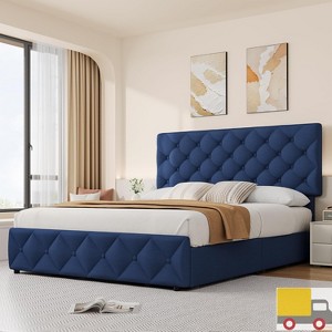 Jojoka Bed Frame with 4 Storage Drawers and Adjustable Linen Headboard, Button-Tufted Upholstered Platform Bed with Wooden Slats - 1 of 4