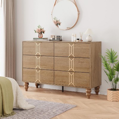 Dresser for Bedroom with 6 Drawers, 6 Drawer Dresser with Wide Chest of Drawers, Wooden Dresser Vintage Pattern Design