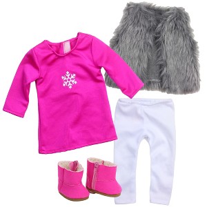 Sophia’s Snowflake Dress, Faux Fur Vest, Leggings, & Booties Outfit for 18” Dolls, Hot Pink/Silver/White - 1 of 4