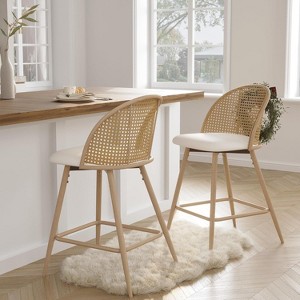 TYBOATLE Bar Stools Set, 29" Rattan Swivel Barstools with Faux Leather, Boho Mid-Century Modern Upholstered Bar Chairs for Kitchen Island - 1 of 4