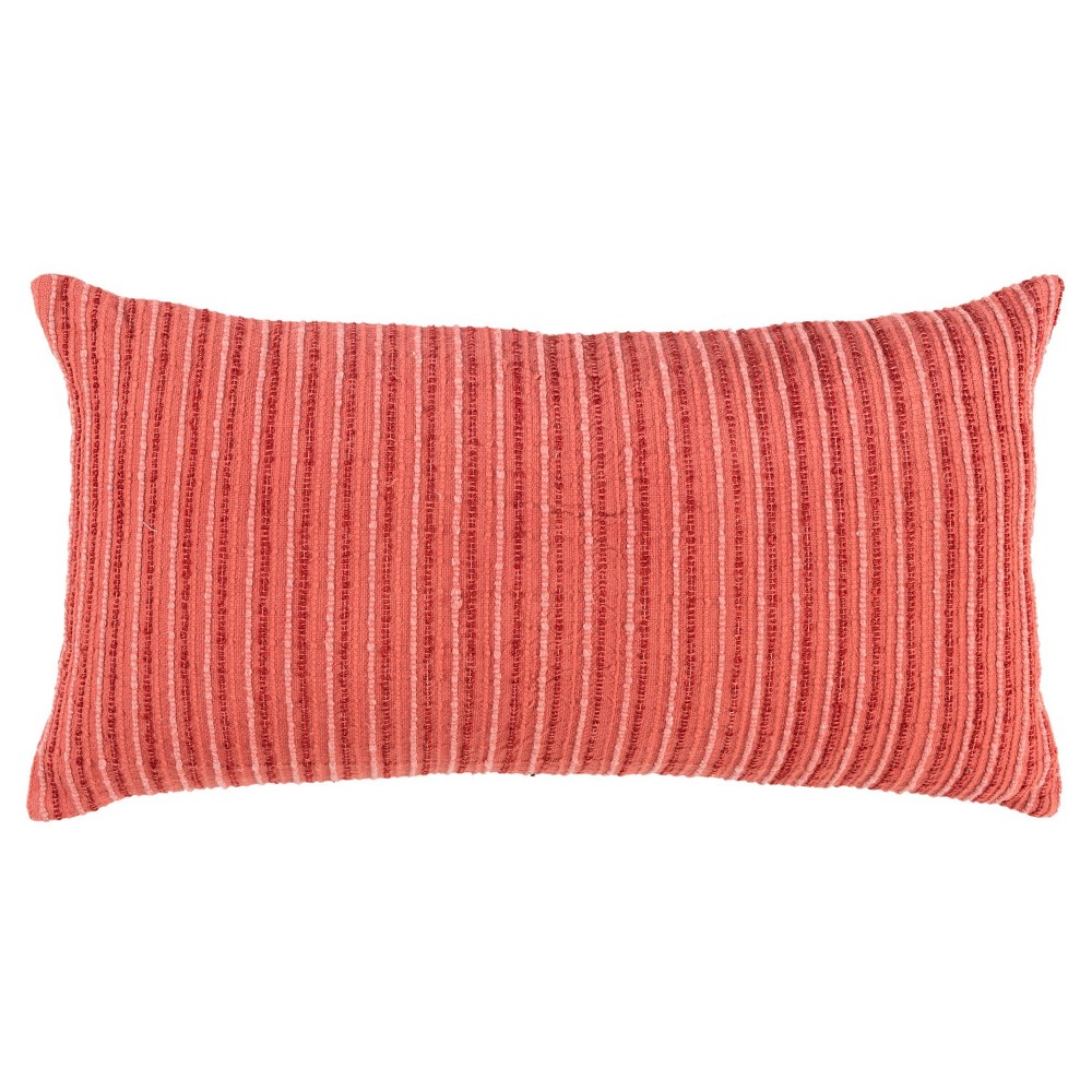 14"x26" Oversized Solid Striped Poly Filled Lumbar Throw Pillow Coral Pink - Rizzy Home: Cotton & Viscose, Indoor Use, Hidden Zipper