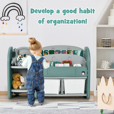 Costway Kids Toy Storage Organizer w/ 2-Tier Bookshelf & Plastic Bins
