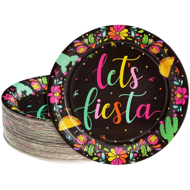 Sparkle and Bash 80 Pack of Disposable Let's Fiesta Paper Plates for Party Supplies, Black, 9 Inches, 1 of 9
