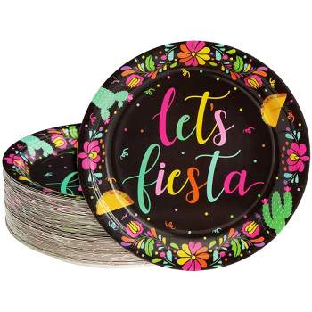 Sparkle and Bash 80 Pack of Disposable Let's Fiesta Paper Plates for Cinco de Mayo Party Supplies, Black, 9 Inches