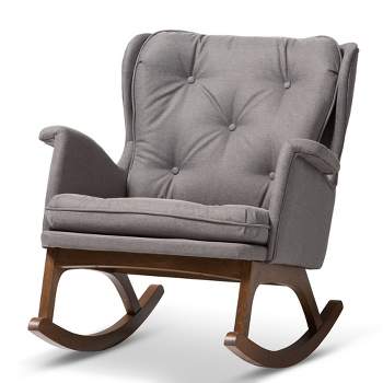 Maggie Mid Century Modern Fabric Upholstered Walnut Finished Rocking Chair Gray, Brown - Baxton Studio