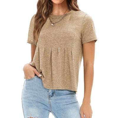 EXLURA Womens Summer Cute Crop Tops Short Sleeve Pleated T-shirts Crewneck Blouse