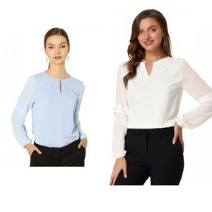 Allegra K Women's Chiffon Semi Sheer Keyhole Neck Elegant Work Blouse 2 Packs - 1 of 4