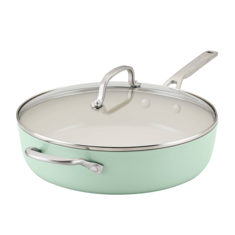 Photos - Pan KitchenAid Hard Anodized 5qt Nonstick Ceramic Saute  with Lid - Pistachio: Large 12.1" Sautee , Tempered Glass Lid 