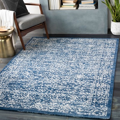 Navy Blue and White Rectangular Synthetic Area Rug