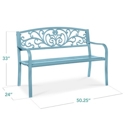 Sky Blue Weather-Resistant Steel Outdoor Bench with Floral Backrest