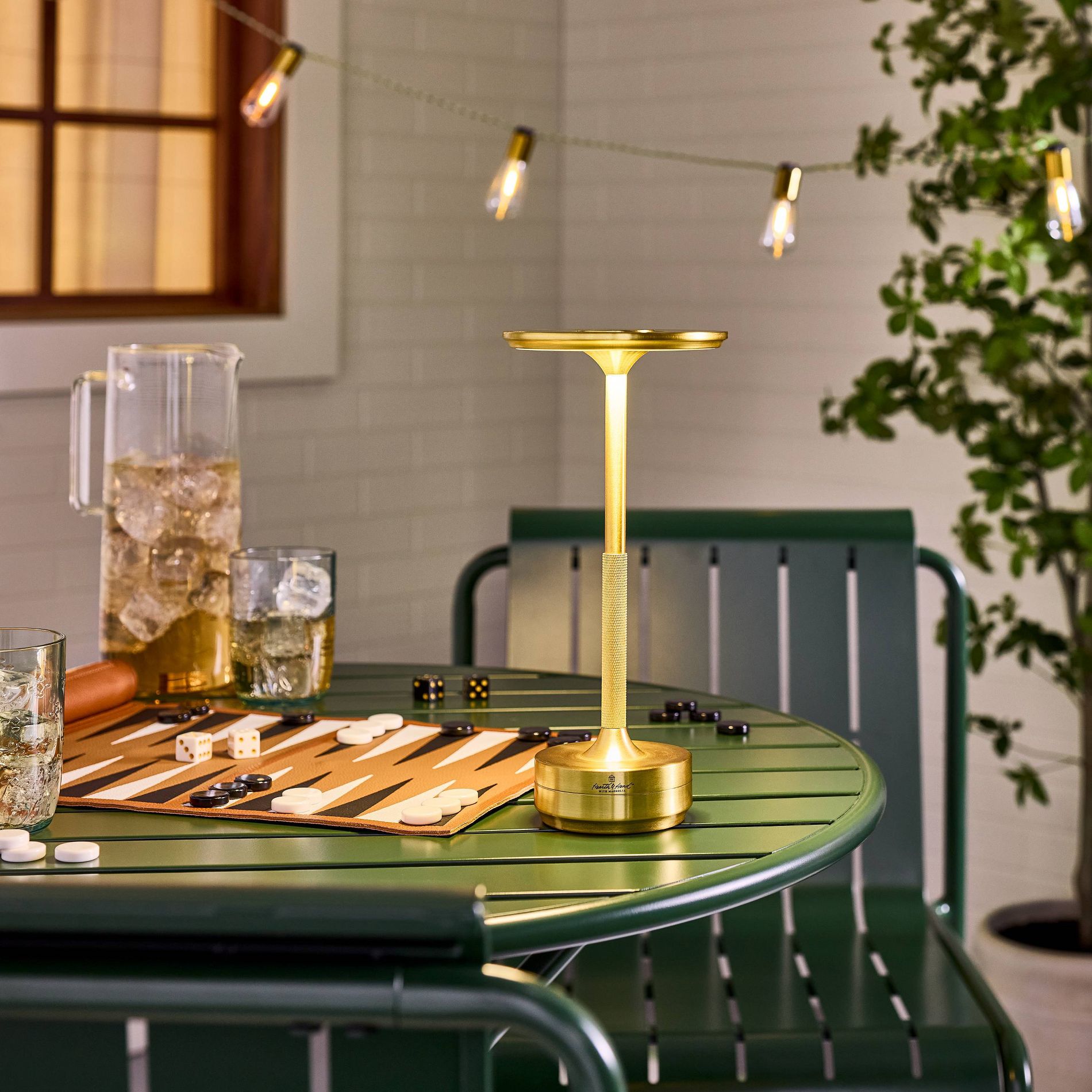 Portable Indoor/Outdoor LED Tabletop Lamp Brass: Rechargeable, No Assembly - Hearth & Hand™ with Magnolia