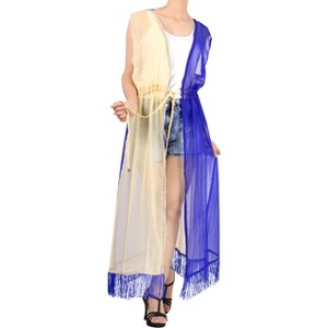 LA LEELA Women's Summer Open Front Vacation Beachwear Long Bathing Suit Fashion Duster Cardigans Swimwear Coverups M-L Blue, Solid - 1 of 4