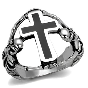Slickblue Bold Men's Ring, Skeleton Holding Cross Design with Jet Black Epoxy, Polished Silver Finish, Sizes 8–13 - 1 of 4