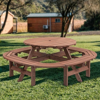GDFStudio Claude 10-Person Wooden Round Picnic Table with Built-in Benches and Umbrella Hole