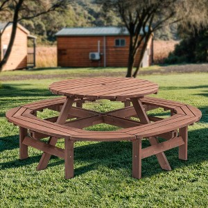 GDFStudio Claude 10-Person Wooden Round Picnic Table with Built-in Benches and Umbrella Hole - 1 of 4