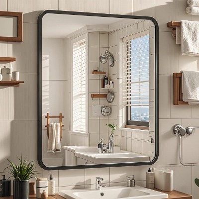 Square Bathroom Mirror for Over Sink, Modern Metal Frame Shatterproof Wall Mirror