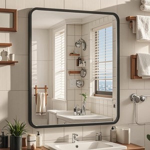 Square Bathroom Mirror for Over Sink, Modern Metal Frame Shatterproof Wall Mirror - 1 of 4