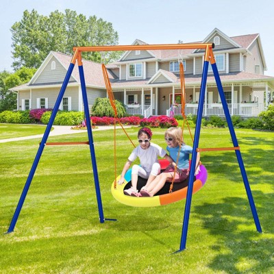 Gikpal Swing Set for Kids, 440lbs Swing Set with Heavy-Duty Metal Frame & Adjustable Ropes, Safe Waterproof Round Playset for Backyard, Rainbow Color