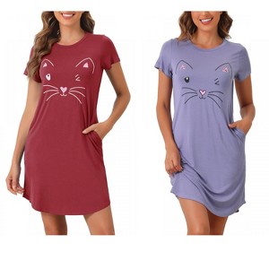 INSPIRE CHIC Women's 2 Pcs Cats Printing Pajamas Cute Printed Sleep Dress Short Sleeve Nightgowns - 1 of 4