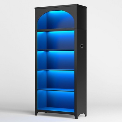 Vlrska 5-Tier Arch Wood Bookcase with Motion LED Lights – Rustic Farmhouse Display for Home, Office, or Library.