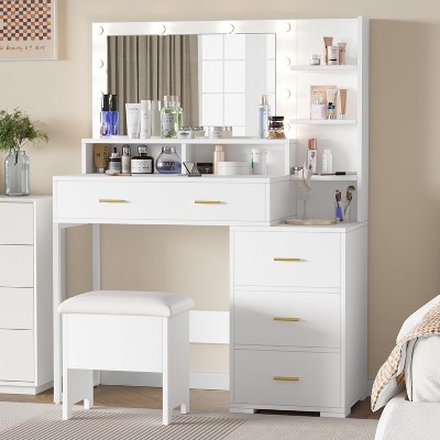 Vanity Desk with Mirror and Lights, Makeup Vanity with 4 Drawer, 3 Level Open Shelves