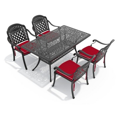 Hzzkey 5-Piece Rectangular Patio Dining Set, Cast Aluminum,Red Cushions,Umbrella Hole,Black