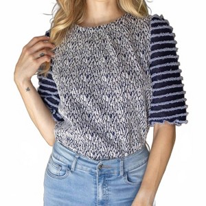 Women's Mixed Pattern Fuzzy Striped Puff Sleeve Top - voy - 1 of 4